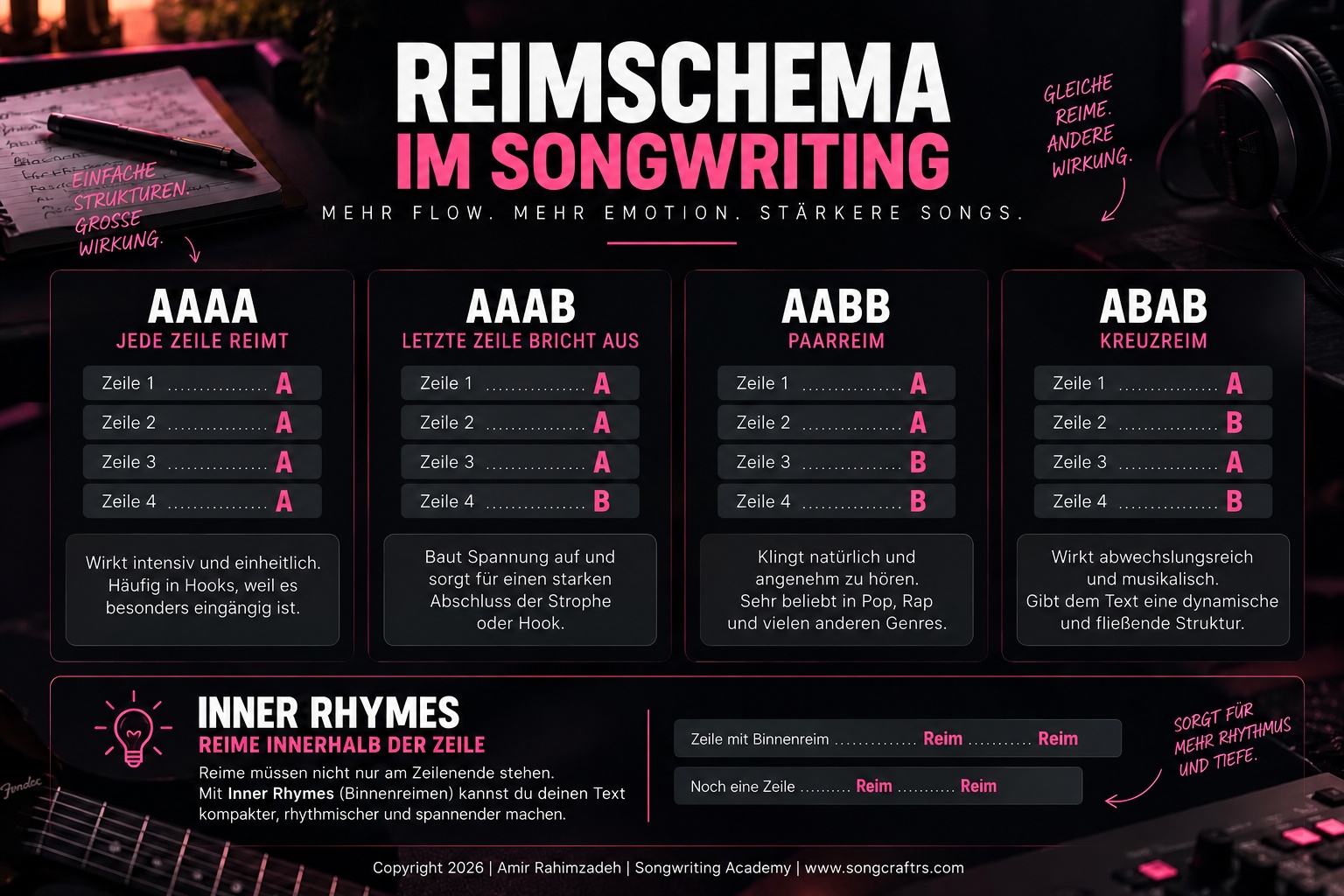 Reimschema im Songwriting: AAAA, AAAB, AABB, ABAB und Inner Rhymes erklärt